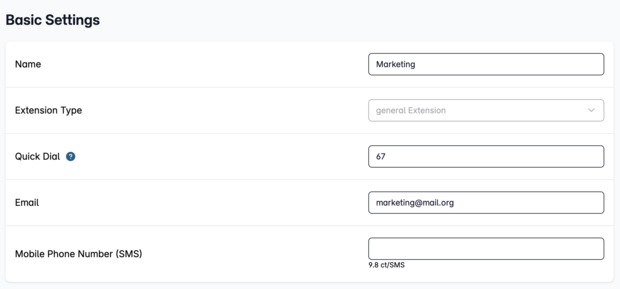 Basic settings of the extension To specify the basic settings of your extension, a name, the extension type and a call number mode are given.