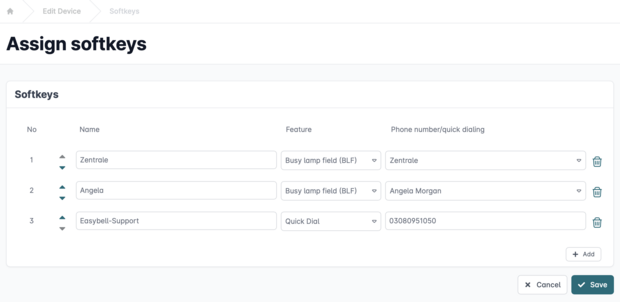 Softkey settings in ACSv with busy lamp fields and speed dial to Easybell support
